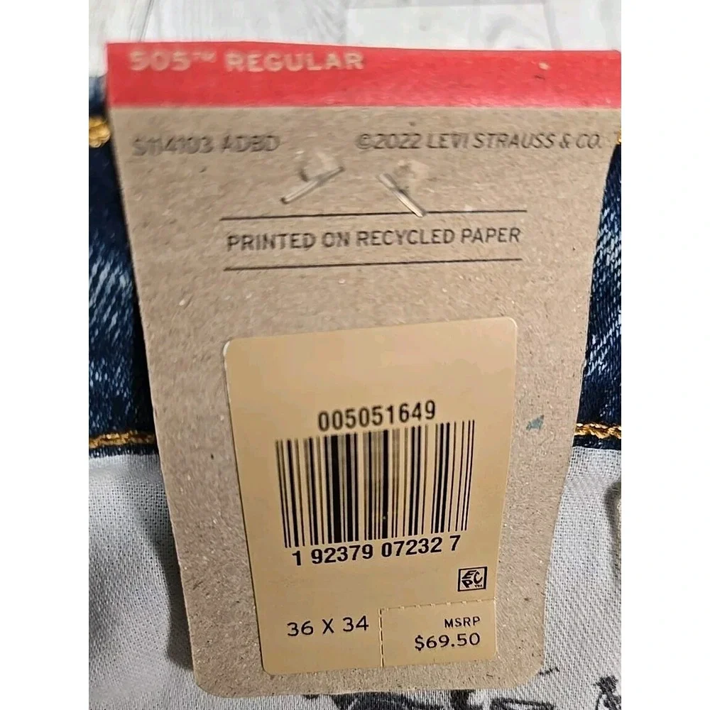 Levis Jeans 505 Regular 36x34 Mens Denim Straight Leg Medium Wash Stretch NEW